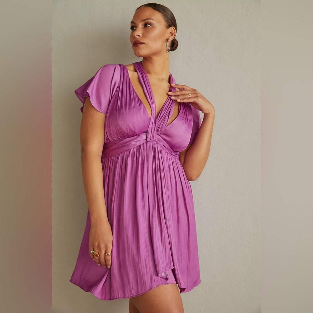 NWT by‎ Anthropologie Purple Satin V Neck Vibrant Mini Dress Size 16